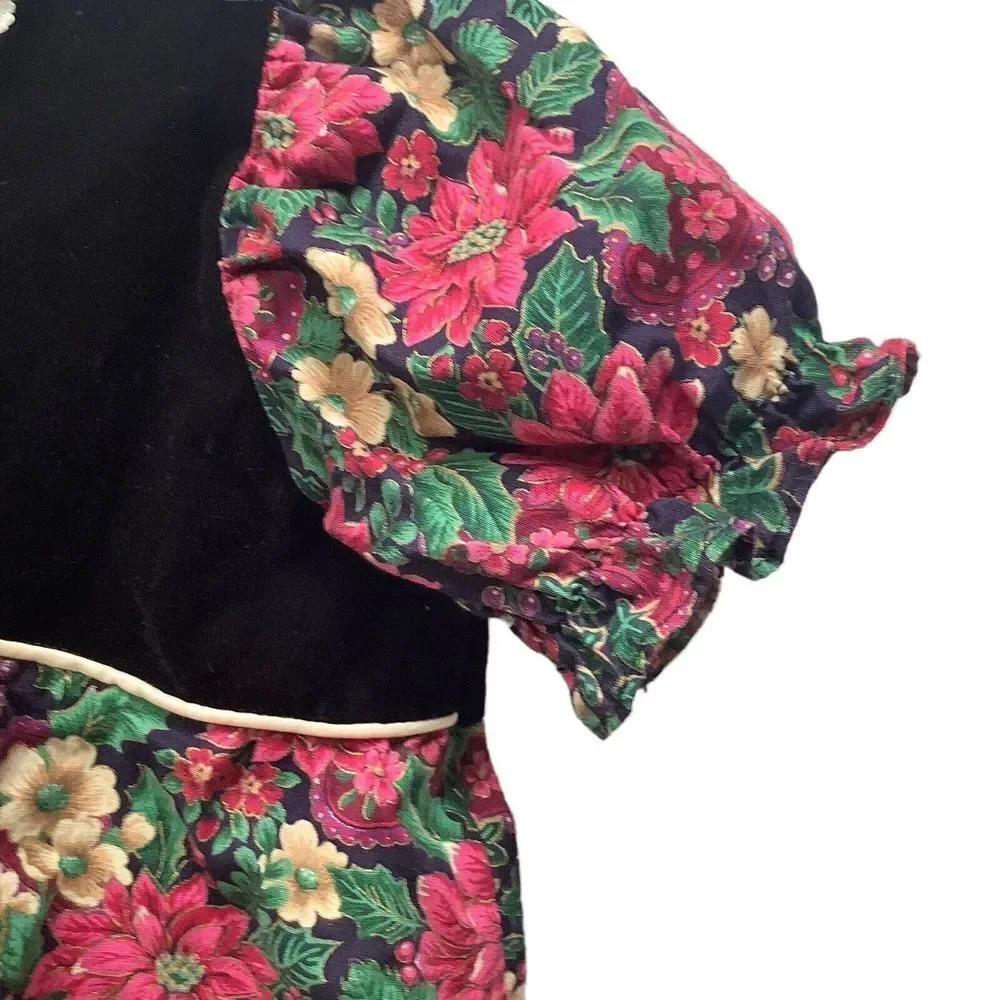 Vtg Roanna‎ Red Christma Dress 6 Lace Collar White Poinsettia Smock Velvet Top